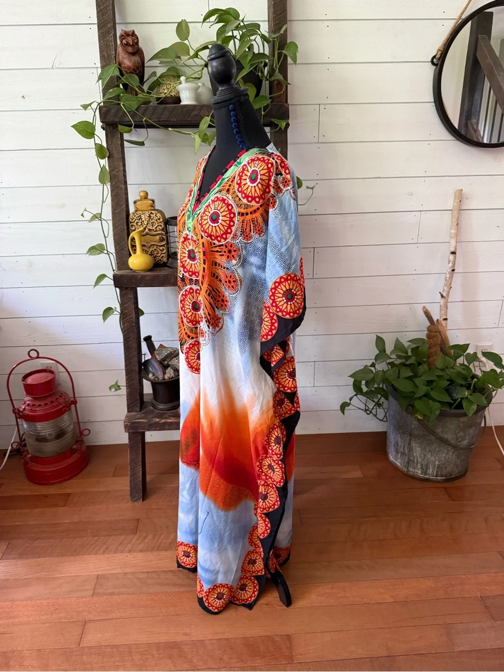 Santé Classics Bohemian V-Neck Kimono in Orange, Black and Blue